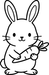 Fototapeta premium Cute Cartoon Rabbit Holding a Carrot - Black and White Line Art Illustration