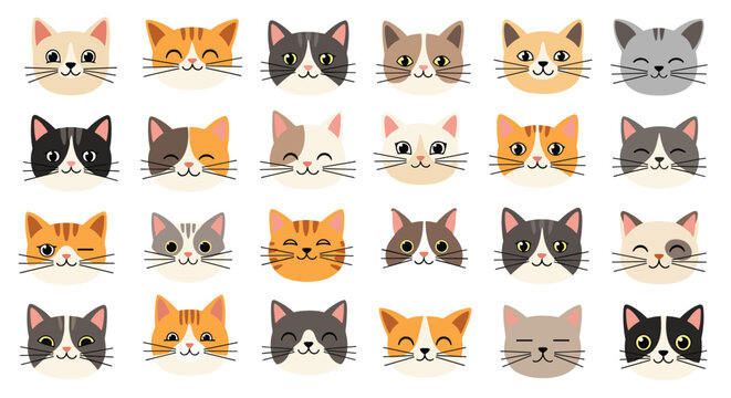 Extensive collection of twenty-four cute cat heads with different fur patterns, colors, and happy facial expressions, set against a white background.