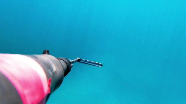 Diver explores underwater world while hunting with spear gun. Coral formations and marine life are visible as the diver moves through the water. Bright sunlight shines down.