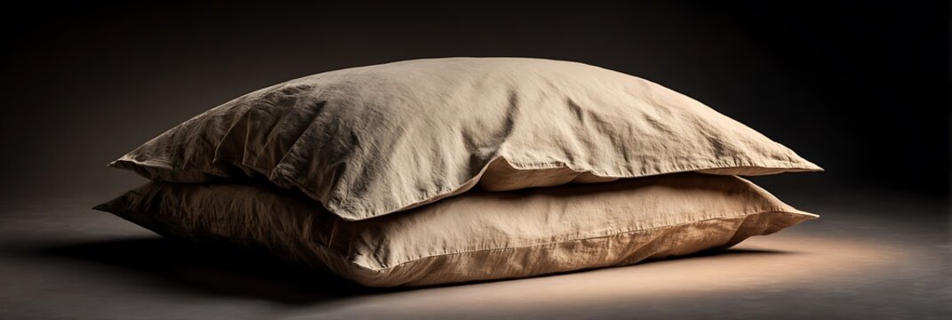 Stacked beige linen pillows featuring soft textured fabric resting in dramatic moody lighting for elegant minimalist bedroom decor setup on a dark studio surface