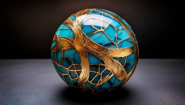 Gilded Veins On A Vibrant Mosaic Sphere A Modern Kintsugi Inspired Abstract Sculpture