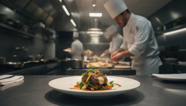 Chef plating dish in busy professional kitchen with staff