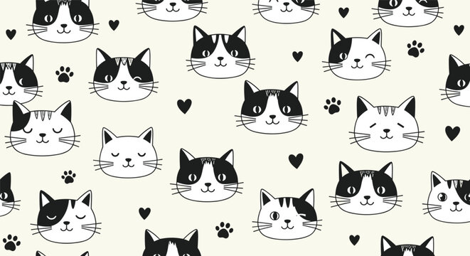 Cute pattern featuring various black and white cat faces with different expressions mixed with paw prints and hearts.