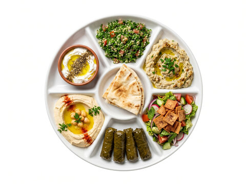 A mezze plate featuring hummus, baba ganoush, tabbouleh, fattoush, stuffed grape leaves, labneh, and warm pita on a white plate.