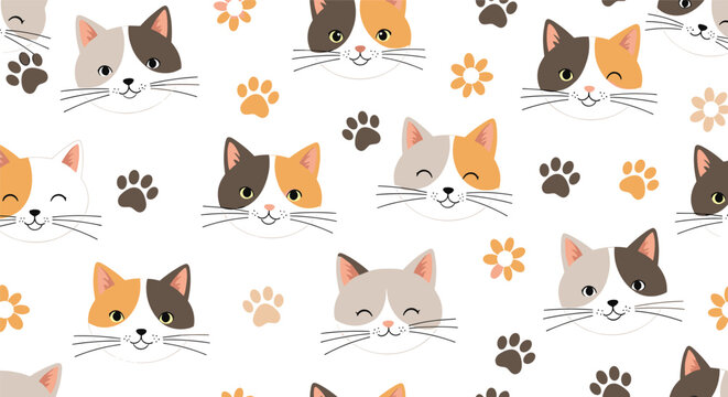 Charming seamless pattern of calico cat heads with smiling faces, paw prints, and orange flowers on a clean white background.