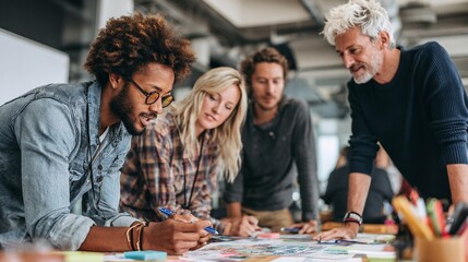 Fototapeta premium A diverse group of young professionals collaborates on a project in a bright, modern workspace.