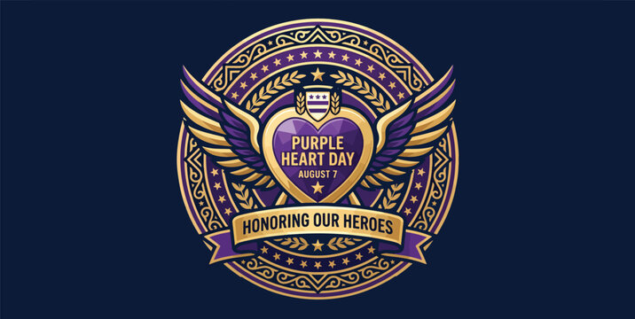 Ornate Purple Heart Day crest with winged heart medal, laurel wreath and intricate filigree border on deep navy background, elegant emblem design honoring military heroes and wounded warriors