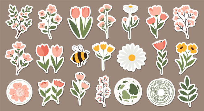 Beautiful set of floral stickers featuring various pink and yellow flowers, a honey bee, and green leafy branches.