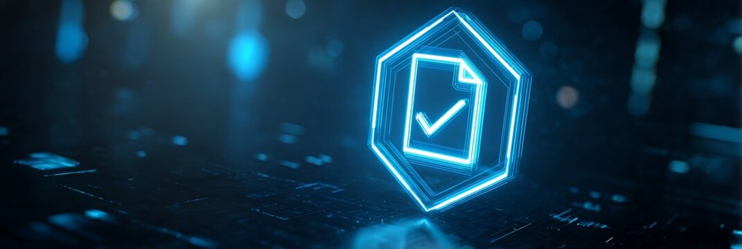 Digital document verification symbol glowing in neon blue light representing secure data validation and electronic signature process within a modern cyber security network