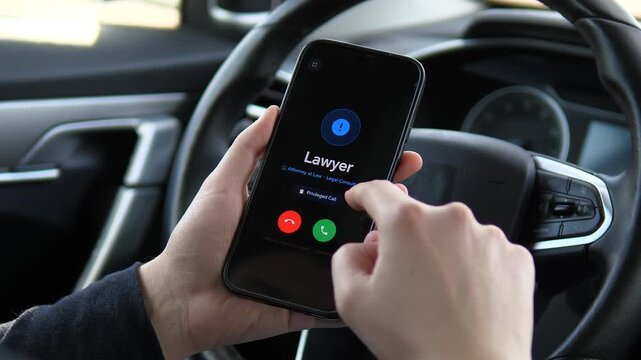 Receiving an incoming call from a Lawyer on a smartphone. The screen displays a blue exclamation icon and a Privileged Call label. Perfect for legal visuals, attorney-client communication, and