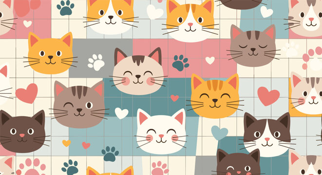 Cute cat faces and hearts seamless pattern with colorful geometric grid background for playful pet-themed textile and wallpaper designs.