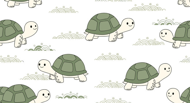 Adorable turtle characters walking among abstract wave shapes on a white background for a playful aquatic-themed seamless pattern.
