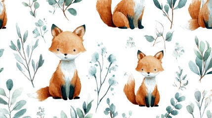Naklejka premium Watercolor Cute Baby Fox Seamless Pattern Forest Animals and Eucalyptus Leaves Background Nursery Wall Art Digital Scrapbooking Paper Woodland Creatures Fabric Print Design Wallpaper Texture