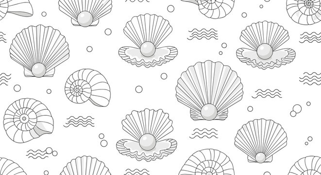 Monochrome seashell and pearl seamless pattern with abstract wave lines on a white background for coastal and nautical decor.