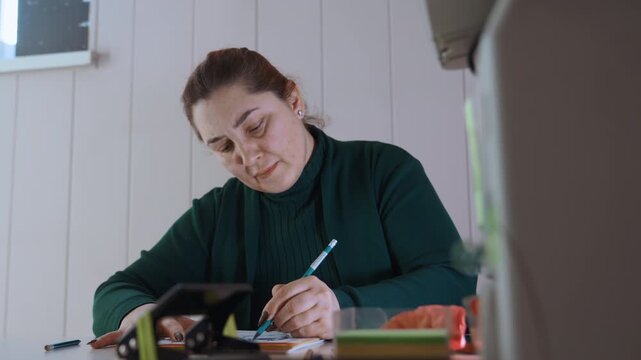 Clinic receptionist scheduling patient appointments at desk, forms, binder and printer, sticky notes and stamps, attentive hands recording times, calm checkin routine and organized registry.