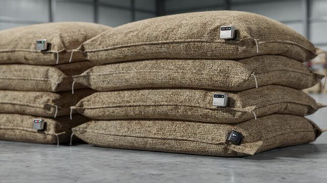 Medium frame featuring industrial goods sacks tagged with smart sensors emphasizing enhanced traceability and monitoring in heavyduty logistics.