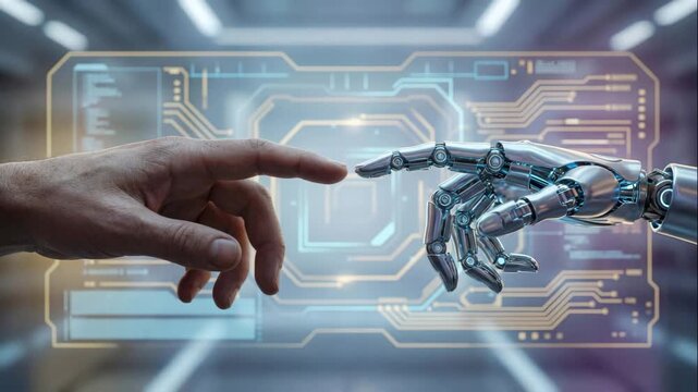 Human and robot hand reaching for connection in futuristic environment. Technology symbolizes collaboration between man and machine. Digital interaction creates innovative future.