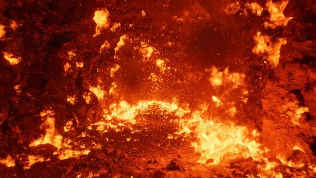 Fiery cave filled with erupting flames and glowing embers, intense and hot