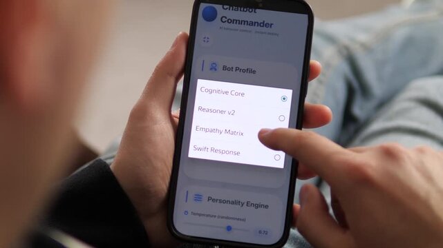 Configuring a Chatbot Commander on a smartphone. The user selects an intelligence engine (Cognitive Core) and sets the alias. Perfect for AI development, LLM tools, and chatbot management visuals