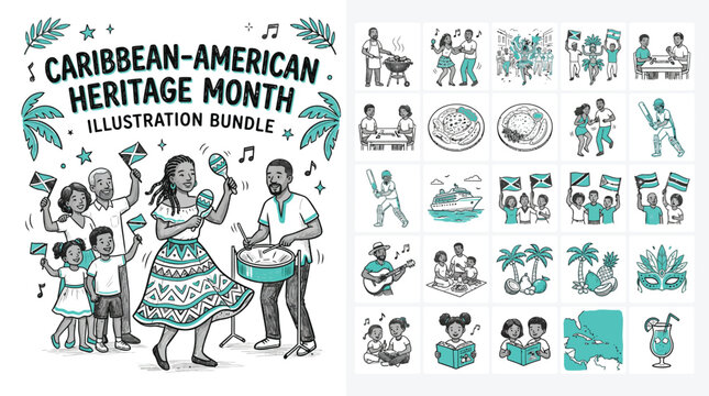 Caribbean-American Heritage Month illustration bundle, hand-drawn cultural icons and family scenes, teal and black vector set for June celebration