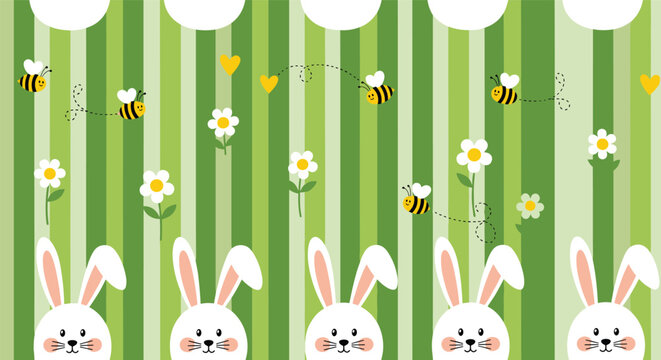 Playful rabbits, bumblebees, and white flowers seamless pattern on a green vertical stripe background for spring and Easter decor.
