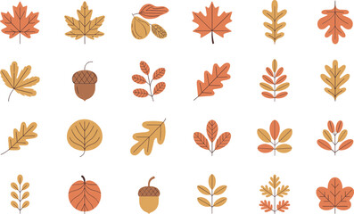 Obraz premium Autumn leaves and acorns in various shapes and colors fall foliage seasonal nature symbols