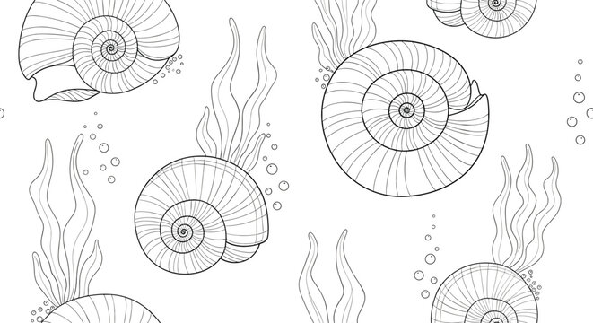 Intricate black and white line art seamless pattern showing various nautilus shells and flowing seaweed with bubbles for coloring.