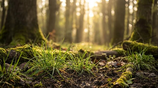 Sunlight filters through trees in serene forest. Lush green grass grows on forest floor. Nature's beauty creates peaceful atmosphere for relaxation and exploration.