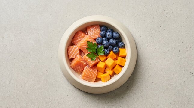 Premium organic raw dog food bowl with fresh salmon and blueberries