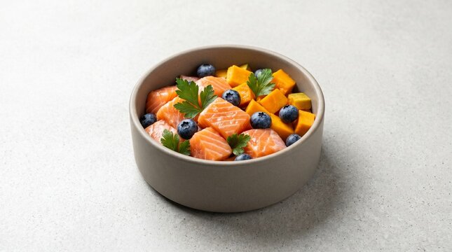 Premium organic raw dog food bowl with fresh salmon and blueberries