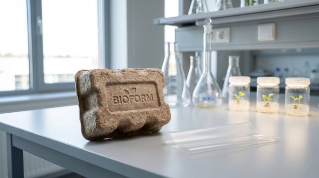 Sustainable mycelium packaging and biodegradable materials on laboratory table