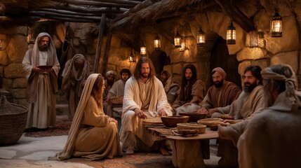 Fototapeta premium Mary anoints Jesus’ feet with costly perfume in Bethany as humble devotion fills the evening gathering, revealing that sincere love and worship are treasures beyond earthly value. 