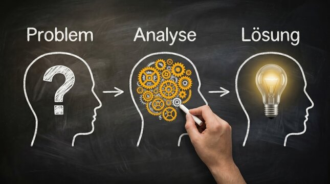 Conceptual problem solving process diagram drawn on chalkboard showing progression from question mark to complex gear analysis and finally to a bright creative solution
