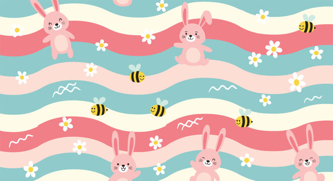 Playful seamless pattern of pink rabbits, buzzing bees, and white flowers on a wavy pink, white, and teal striped background.