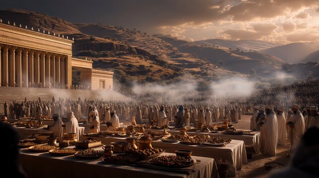 Solomon oversees a great sacrifice at Gibeon as priests serve before a crowded altar, expressing wholehearted worship, gratitude, and a kingdom seeking God&rsquo;s wisdom and blessing.
