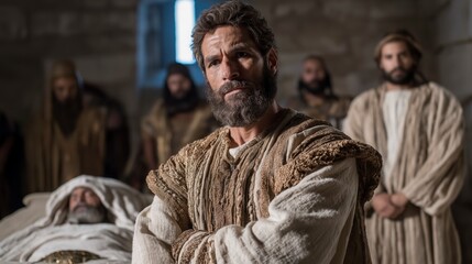 Obraz premium As King David nears the end of his life, Solomon stands beside his father’s bed, listening carefully to his final words of wisdom, responsibility, and faith. 