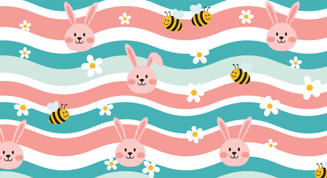 Delightful seamless pattern with pink rabbit faces, bees, and white flowers over a pink and teal wavy horizontal striped backdrop.