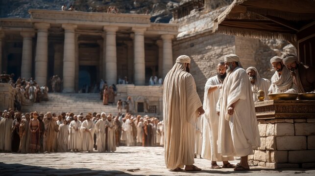 Before the Temple is built, Solomon stands before the altar near the Ark&rsquo;s sanctuary tent in Jerusalem, leading the people in worship as priests faithfully serve before the Lord.
