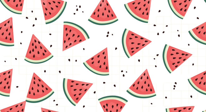 Refreshing seamless pattern of bright red watermelon slices and black seeds scattered on a clean white background for summer.