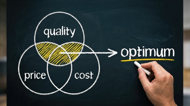 A hand draws a venn diagram on a black chalkboard illustrating the strategic balance between quality price and cost to achieve an optimum business solution result
