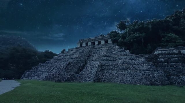 Timelapse of a dark night over an ancient mayan pyramid at archaeological site