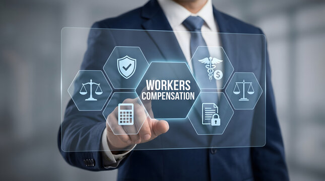 Professional business person interacting with a digital interface displaying workers compensation insurance concepts and legal protection icons for corporate strategy