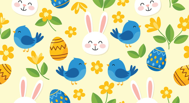 Whimsical Easter seamless pattern with blue birds, white bunny faces, yellow flowers, and colorful decorated eggs on a light background.