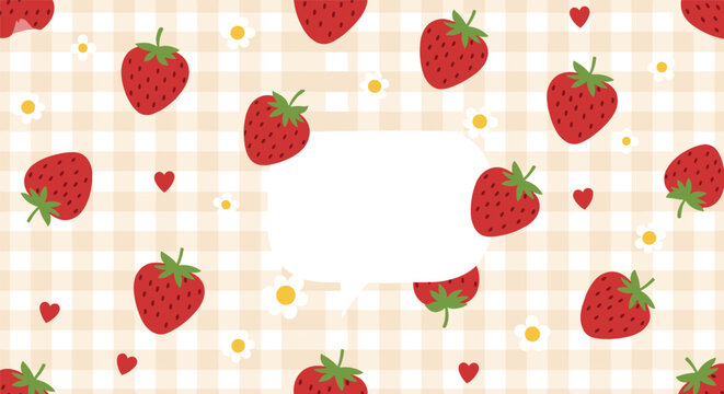 Sweet seamless pattern of ripe red strawberries, white daisy flowers, and tiny red hearts on a beige and white gingham background.