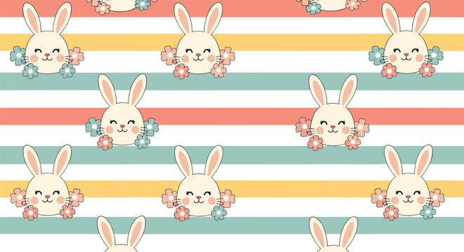 Adorable Easter seamless pattern featuring smiling white bunny faces adorned with colorful flowers on a pastel striped background.