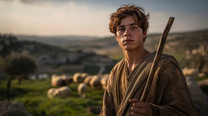 David stands victorious with his sling lowered before the fallen giant Goliath, proving that unwavering faith and courage can overcome even the most impossible challenges. 