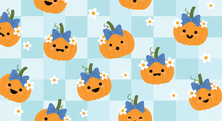 Fototapeta premium Festive and cute seamless pattern featuring smiling pumpkin characters wearing blue bows and white flowers on a blue checkered background.