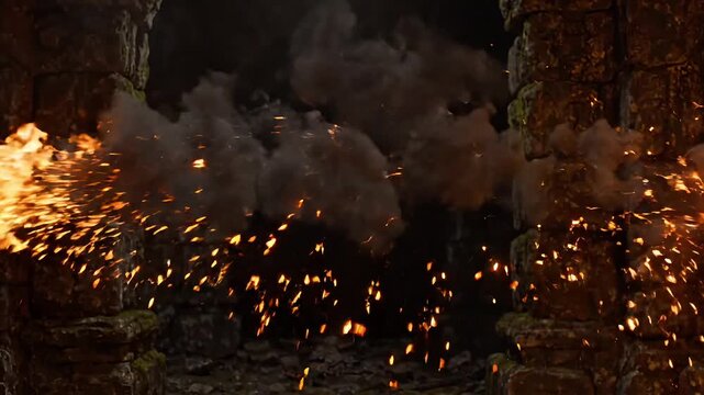 Dramatic fire explosion, burning embers, smoke rising, intense blaze
