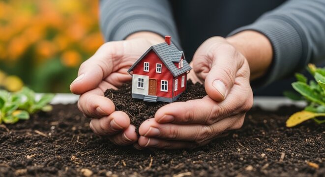Person holding miniature red house model in soil with hands.