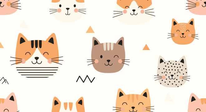 Adorable seamless pattern featuring various cute cartoon cat faces with different markings and tiny triangles on a white background.